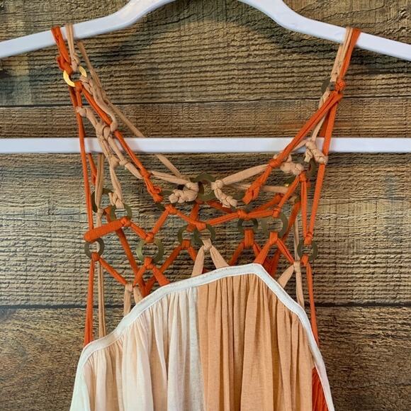 𝅺Free People Macrame Tunic Tank Top Colorblock Orange Tan White Size XS - Picture 5 of 11
